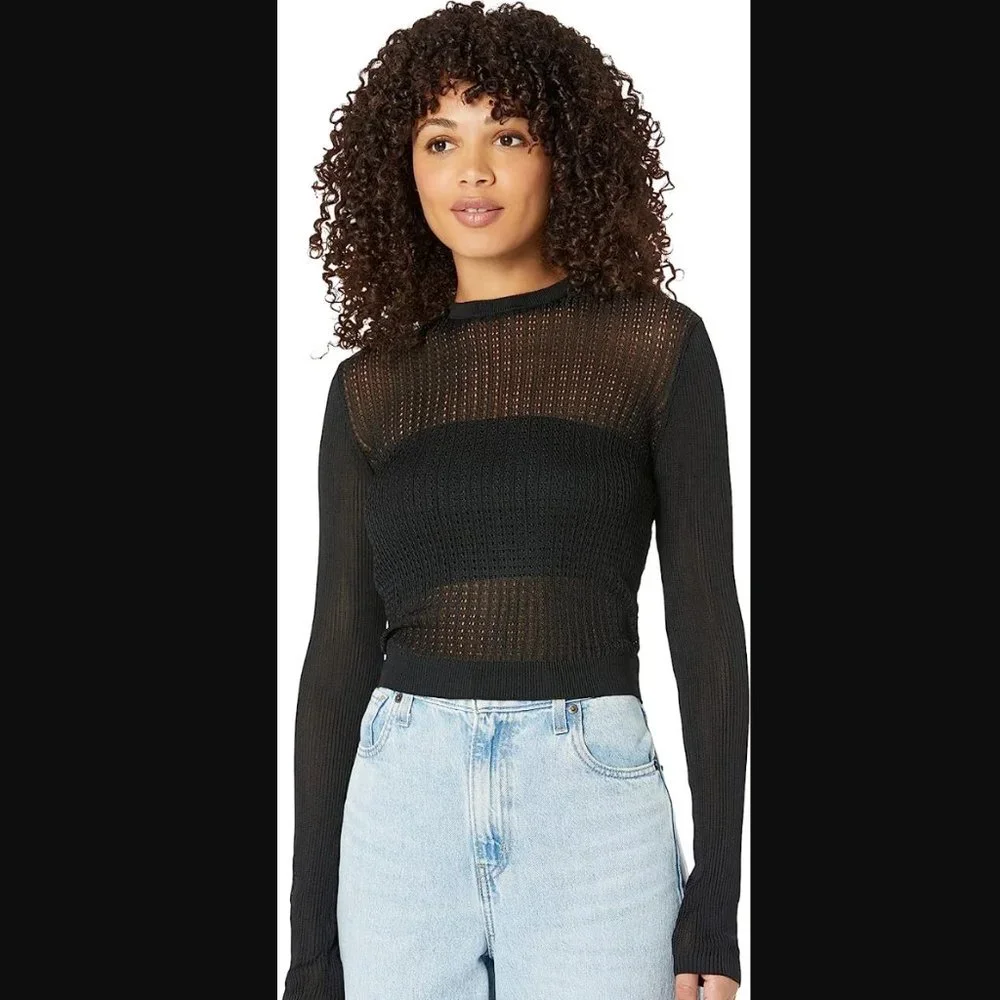 Free People Black Sheer Knit Long Sleeve Top